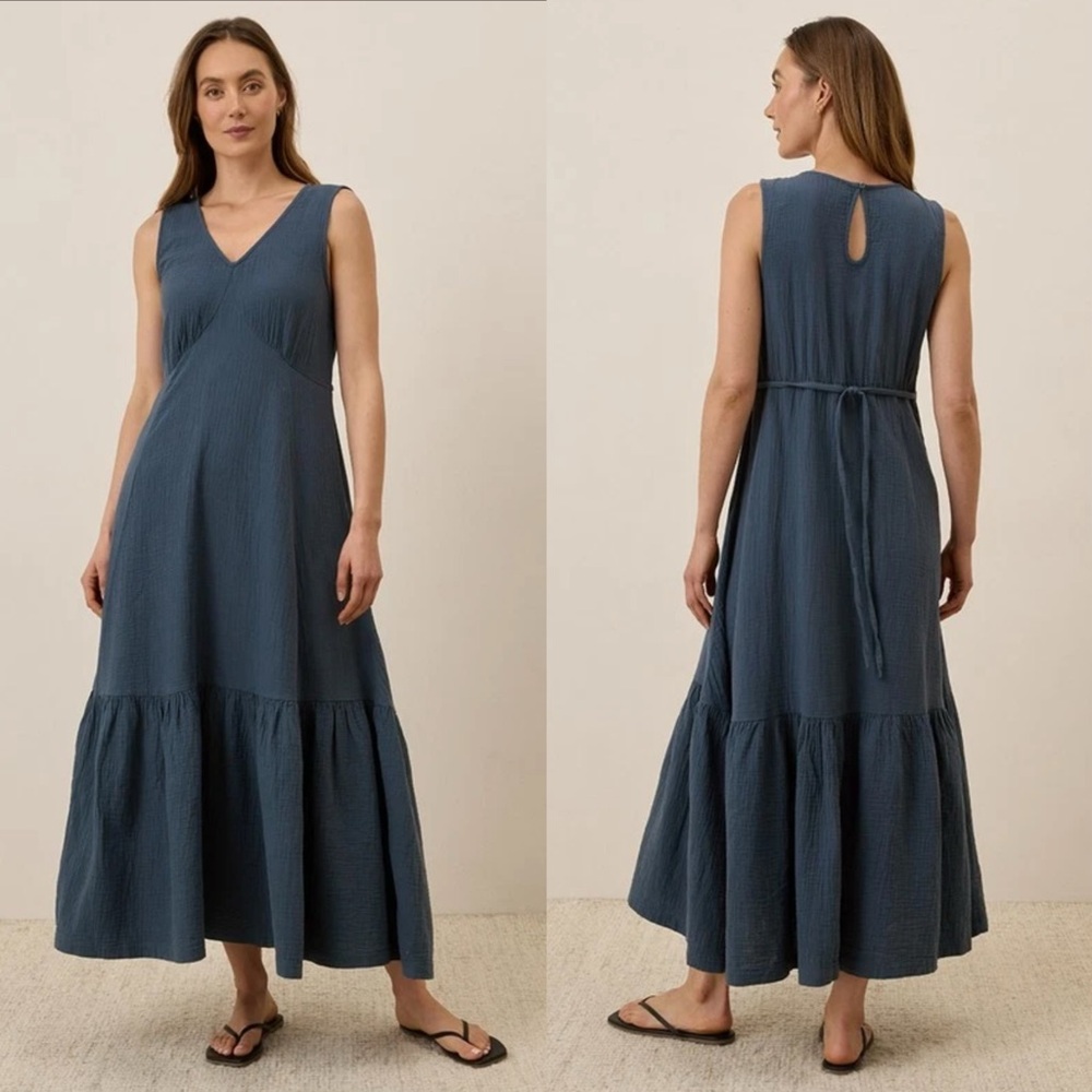 Pact Organic Cotton Coastal Double Gauze Beach to Brunch Dress in French Navy